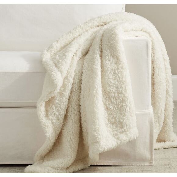New Pottery Barn Fireside Cozy Throw Teddy Faux Fur 50x60” Ivory Reversible Soft - Picture 1 of 3